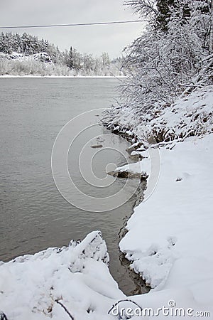 Beautiful winter landscape with snow-covered trees and flowing river. Snow forest and Winter background. Fabulous winter. Concept Stock Photo