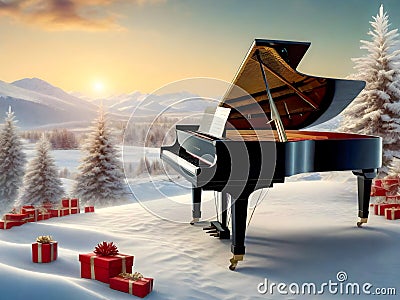 beautiful winter landscape in sunrise with snow-covered trees, piano, gifts and snow. AI generated. Illustration. Stock Photo