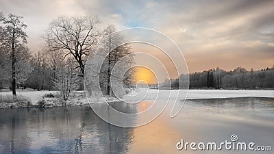 Beautiful winter landscape with trees covered in rime frost Stock Photo