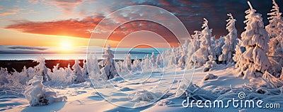 Beautiful winter landscape with trees and sun. Colorful , generated by AI Stock Photo