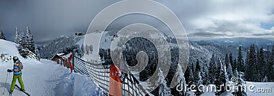 Panoramic view of mountain with a skier and a safety net. Editorial Stock Photo