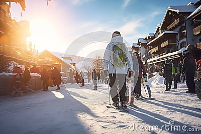 Beautiful winter sunny day in the Ski resort. People walking in Ski resort village Stock Photo