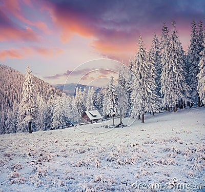 Beautiful winter sunrise in Carpathian mountains with snow cower Stock Photo