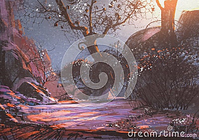Beautiful winter sunset with fantasy trees in the snow Cartoon Illustration