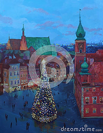 Beautiful winter urban landscape old csquare and walking people . Europe. Oil painting on canvas. Stock Photo