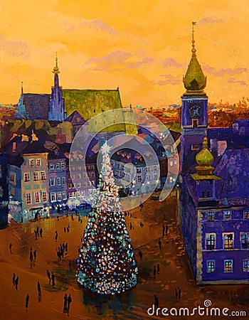 Beautiful winter urban landscape old csquare and walking people . Europe. Oil painting on canvas. Stock Photo