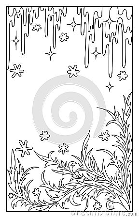 Beautiful winter vector illustration. Black and white pattern of pine or spruce branches, snowflakes and icicles with sparkles Vector Illustration