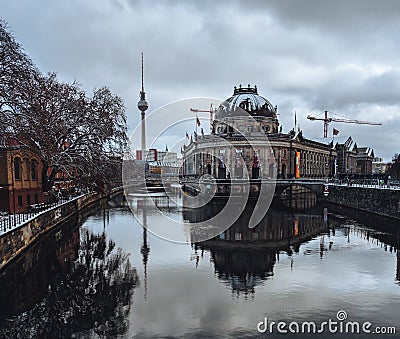 Beautiful winter view of snow covered Bode museum and UNESCO World Heritage Site Museumsinsel or Museum Island on Spree Editorial Stock Photo