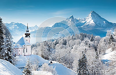 Church of Maria Gern with Watzmann in winter, Berchtesgadener Land, Bavaria, Germany Stock Photo