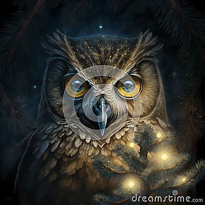 Beautiful wise owl in a fabulous winter forest on Christmas Eve. AI generated illustration Cartoon Illustration