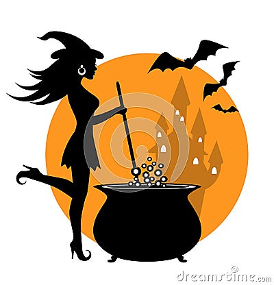 Beautiful witch and cauldron Stock Photo