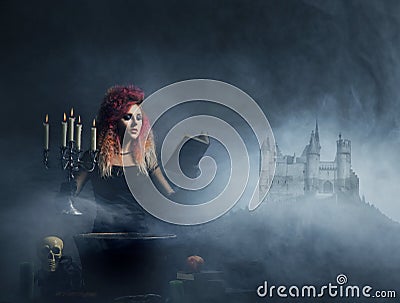 Beautiful witch making witchcraft Stock Photo