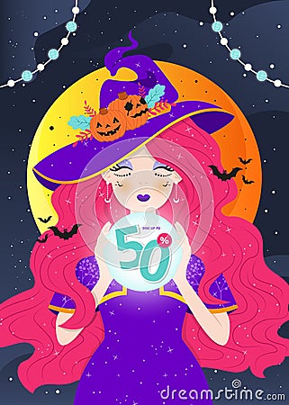 Beautiful witch with sale magic ball for halloween sale promotion design Vector Illustration