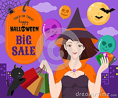 Beautiful witch shopping on Halloween night Cartoon Illustration