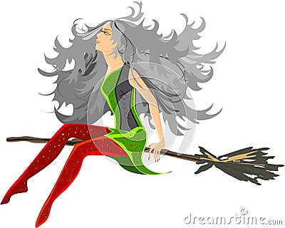 Beautiful witch sitting on broom Stock Photo