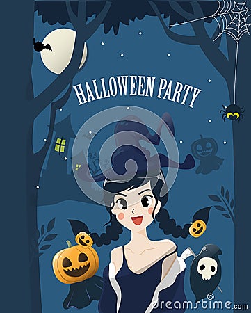 Witch cute girl in halloween night. Vector Illustration