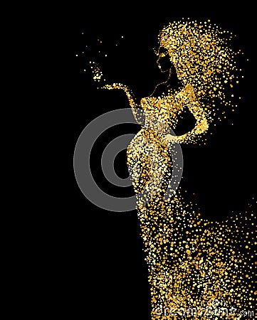 Beautiful Woman abstract figure formed by gold color particles on the black background. Bright banner with beautiful Vector Illustration