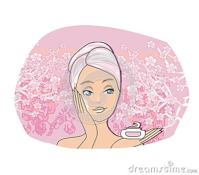 Beautiful woman, applying cream foundation to her face Vector Illustration