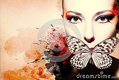 Beautiful woman, Artwork with ink in grunge style Stock Photo