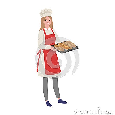 Beautiful woman baker standing with a baking tray with cookies. Cartoon female character at work. Bakery products and pastries Cartoon Illustration