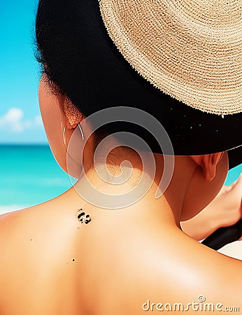 Beautiful woman in bikini applying sun cream on tanned shoulder sun protection Generated by AI Stock Photo