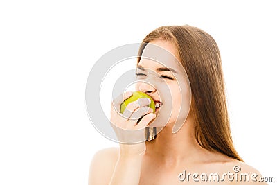 Beautiful woman bites apple isolated Stock Photo