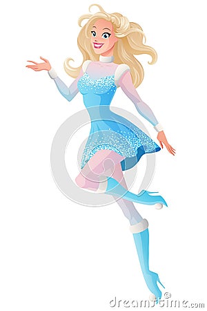 Beautiful woman in blue winter fairy snow maiden costume presenting. Vector Illustration