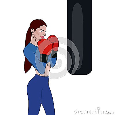 Beautiful woman boxing with black punching bag in vector Vector Illustration
