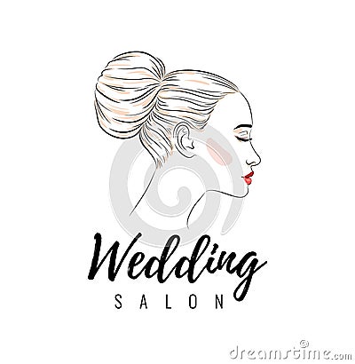 Beautiful woman with bun hairstyle, beauty wedding salon, banner or poster design Vector Illustration