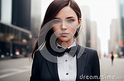 Beautiful woman in business suit on background of metropolitan. Elegant businesswoman in classic style in downtown Stock Photo