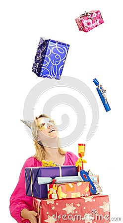 A beautiful woman catching some gifts Stock Photo