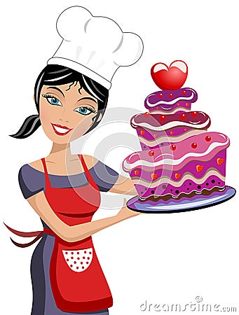 Beautiful Woman Chef Valentine Day Chocolate Cake Vector Illustration
