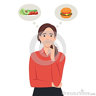 Beautiful woman choosing between salad and hamburger, healthy and junk food Vector Illustration