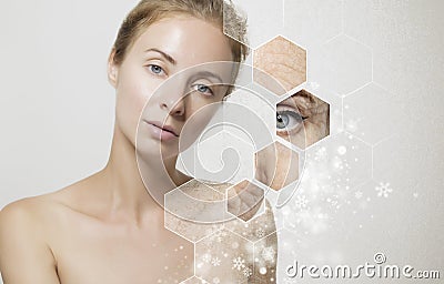 beautiful woman with clean perfect skin and snowflakes close-up. Beauty, youth, skin care Stock Photo