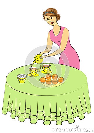 Beautiful woman is cooking. The lady pours tea into cups. The girl sets the table. Vector illustration Cartoon Illustration