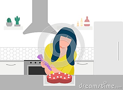 Beautiful woman cooking sweet cake on kitchen table in her kitchen. Girl cooking pie. Baking workshop. Freelance chef Vector Illustration