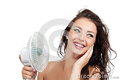 Beautiful woman with cooler fan Stock Photo