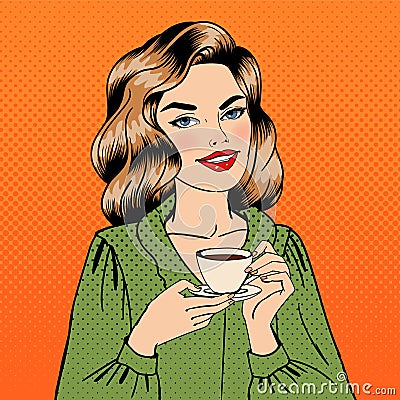 Beautiful Woman with Cup of Coffee. Pop Art Vector Illustration