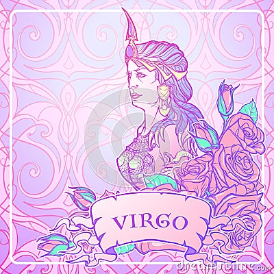 Beautiful woman with a decorative flower frame. Seamless pattern background. Zodiac Art Nouveau luxury style set. Virgo. Cartoon Illustration