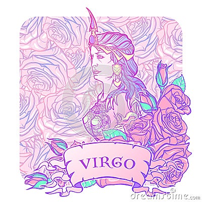 Beautiful woman with a decorative flower frame. Seamless pattern background. Zodiac Art Nouveau luxury style set. Virgo. Cartoon Illustration