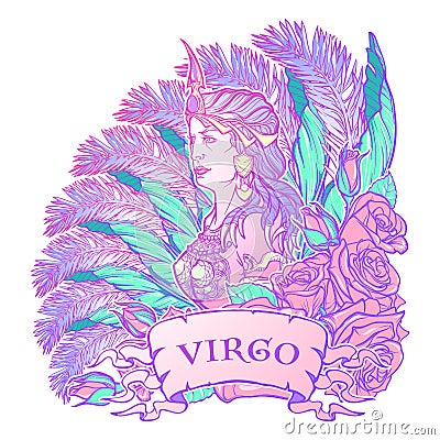 Beautiful woman with a decorative flower frame. Seamless pattern background. Zodiac Art Nouveau luxury style set. Virgo. Cartoon Illustration