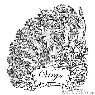 Beautiful woman with a decorative flower frame. Zodiac Art Nouveau luxury style set. Virgo. Tattoo design. Black linear drawing is Cartoon Illustration