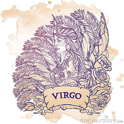 Beautiful woman with a decorative flower frame. Zodiac Art Nouveau luxury style set. Virgo. Tattoo design. Grunge Vector Illustration