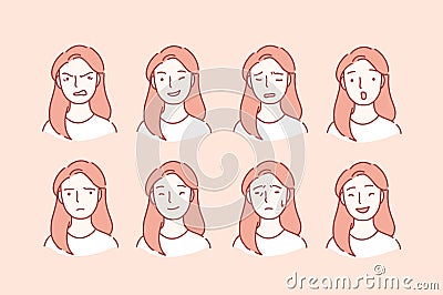 Beautiful woman with different facial expressions set. Young girl smiling, happy, kind, anger, angry, unhappy, joy, sad Vector Illustration