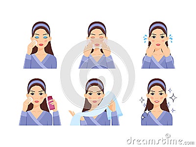 Beautiful Woman does facial Treatments. Girl takes off her makeup. Cleanses the skin with water, foam. Lady uses a sponge, tonic Vector Illustration