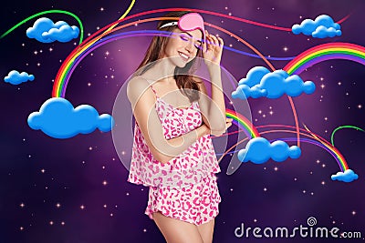 Beautiful woman dreaming about rainbow while sleeping, night starry sky Stock Photo