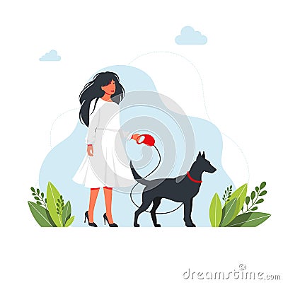 A beautiful woman in dress with heels is walking with a dog. Isolated. young girl is walking with a big dog on a leash Vector Illustration