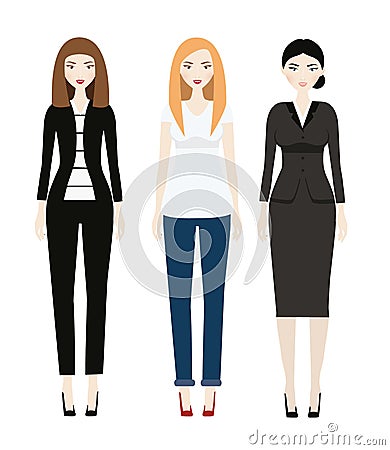 Beautiful Woman dresscode. Smiling Female in casual and business clothes Vector Illustration