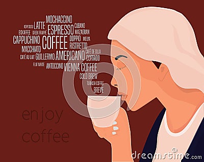 Beautiful woman drinks coffee vector illustration. Enjoy coffee drinks conceptual illustration. Vector Illustration