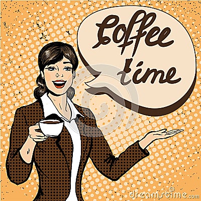 Beautiful woman drinks coffee vector illustration in retro comic pop art style. Vector Illustration